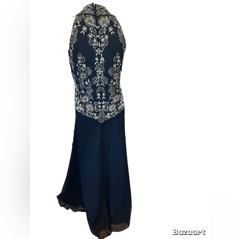 JKARA Elegant Navy Blue Color  Sleeveless Evening Gown Size 6 With Scarf - Picture 4 of 8